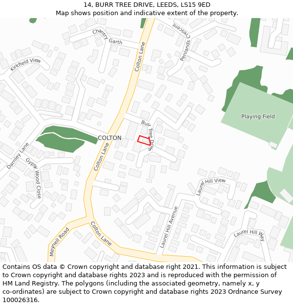14, BURR TREE DRIVE, LEEDS, LS15 9ED: Location map and indicative extent of plot