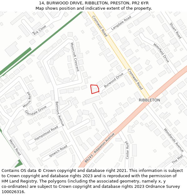 14, BURWOOD DRIVE, RIBBLETON, PRESTON, PR2 6YR: Location map and indicative extent of plot