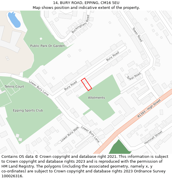 14, BURY ROAD, EPPING, CM16 5EU: Location map and indicative extent of plot