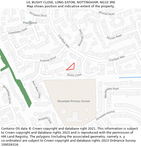 14, BUSHY CLOSE, LONG EATON, NOTTINGHAM, NG10 3RE: Location map and indicative extent of plot