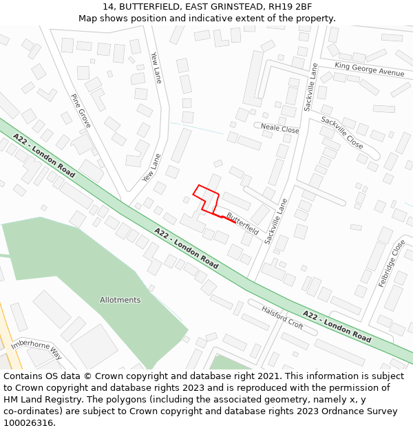 14, BUTTERFIELD, EAST GRINSTEAD, RH19 2BF: Location map and indicative extent of plot