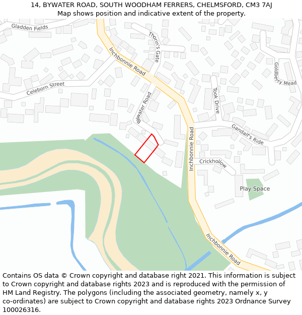 14, BYWATER ROAD, SOUTH WOODHAM FERRERS, CHELMSFORD, CM3 7AJ: Location map and indicative extent of plot