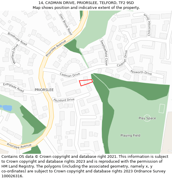 14, CADMAN DRIVE, PRIORSLEE, TELFORD, TF2 9SD: Location map and indicative extent of plot