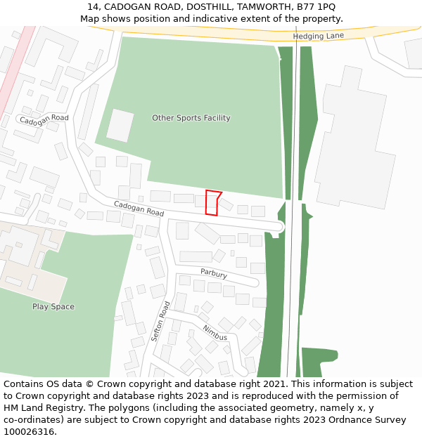 14, CADOGAN ROAD, DOSTHILL, TAMWORTH, B77 1PQ: Location map and indicative extent of plot