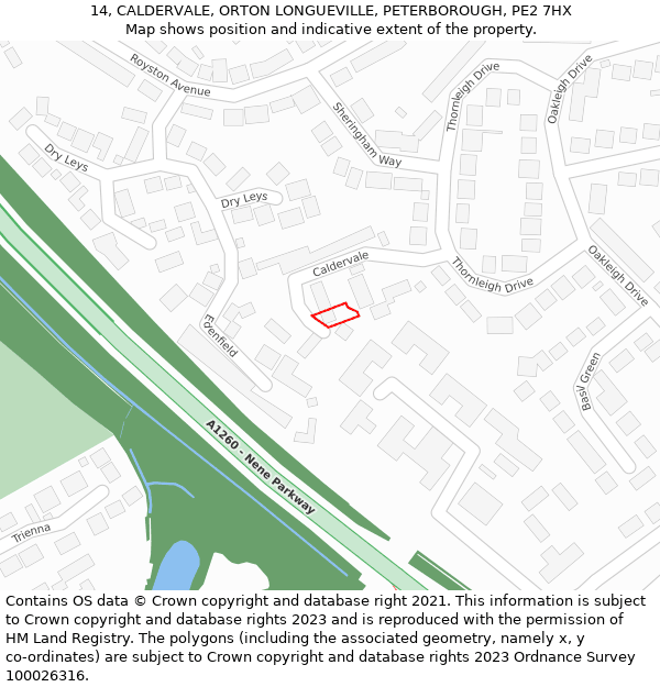 14, CALDERVALE, ORTON LONGUEVILLE, PETERBOROUGH, PE2 7HX: Location map and indicative extent of plot