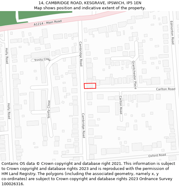 14, CAMBRIDGE ROAD, KESGRAVE, IPSWICH, IP5 1EN: Location map and indicative extent of plot