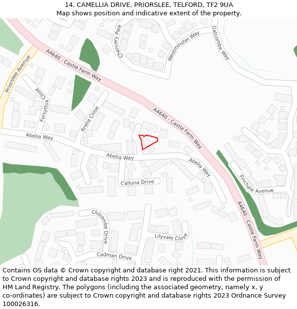14, CAMELLIA DRIVE, PRIORSLEE, TELFORD, TF2 9UA: Location map and indicative extent of plot