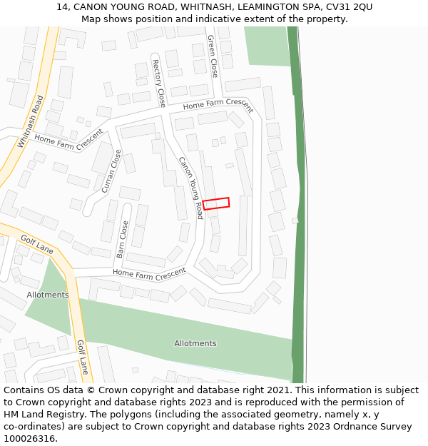 14, CANON YOUNG ROAD, WHITNASH, LEAMINGTON SPA, CV31 2QU: Location map and indicative extent of plot