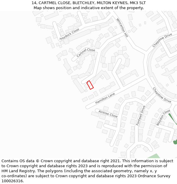 14, CARTMEL CLOSE, BLETCHLEY, MILTON KEYNES, MK3 5LT: Location map and indicative extent of plot