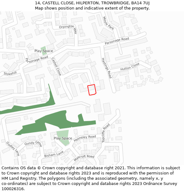 14, CASTELL CLOSE, HILPERTON, TROWBRIDGE, BA14 7UJ: Location map and indicative extent of plot