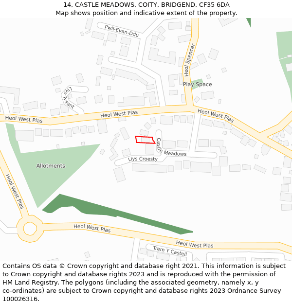 14, CASTLE MEADOWS, COITY, BRIDGEND, CF35 6DA: Location map and indicative extent of plot