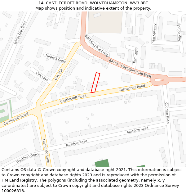 14, CASTLECROFT ROAD, WOLVERHAMPTON, WV3 8BT: Location map and indicative extent of plot