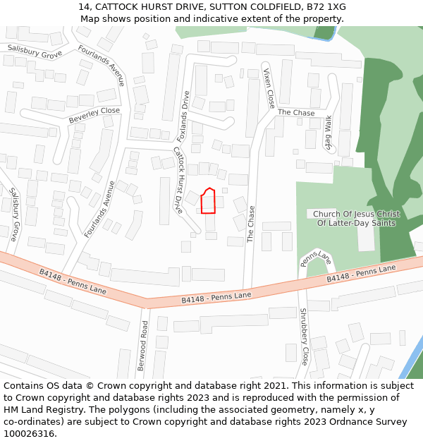 14, CATTOCK HURST DRIVE, SUTTON COLDFIELD, B72 1XG: Location map and indicative extent of plot