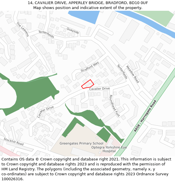 14, CAVALIER DRIVE, APPERLEY BRIDGE, BRADFORD, BD10 0UF: Location map and indicative extent of plot