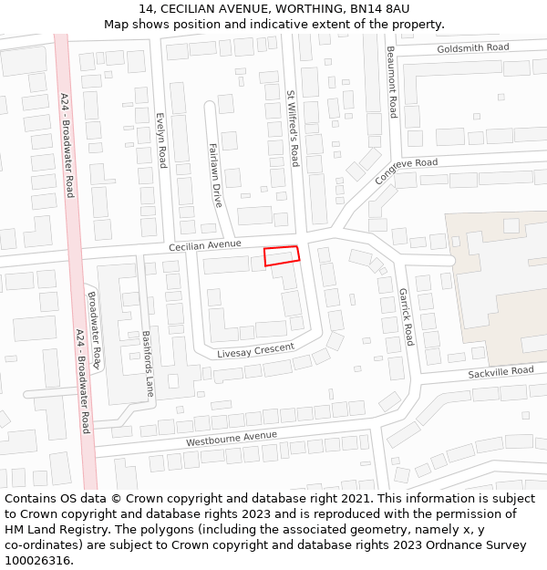 14, CECILIAN AVENUE, WORTHING, BN14 8AU: Location map and indicative extent of plot