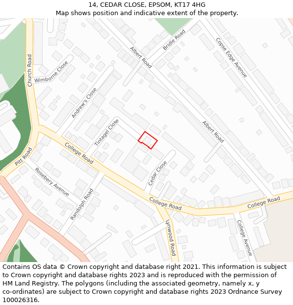 14, CEDAR CLOSE, EPSOM, KT17 4HG: Location map and indicative extent of plot