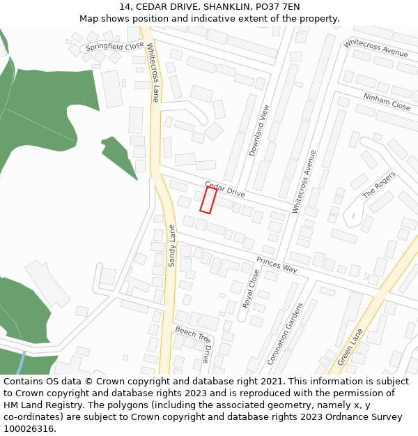 14, CEDAR DRIVE, SHANKLIN, PO37 7EN: Location map and indicative extent of plot