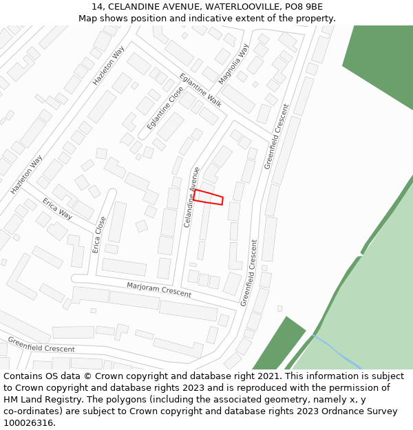 14, CELANDINE AVENUE, WATERLOOVILLE, PO8 9BE: Location map and indicative extent of plot