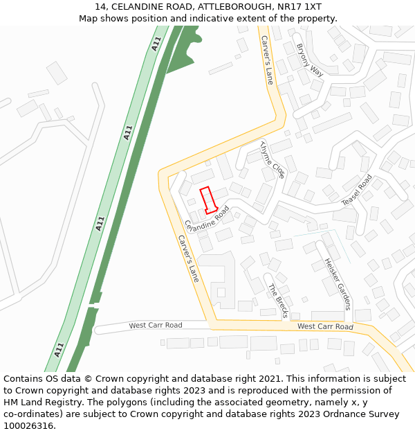 14, CELANDINE ROAD, ATTLEBOROUGH, NR17 1XT: Location map and indicative extent of plot