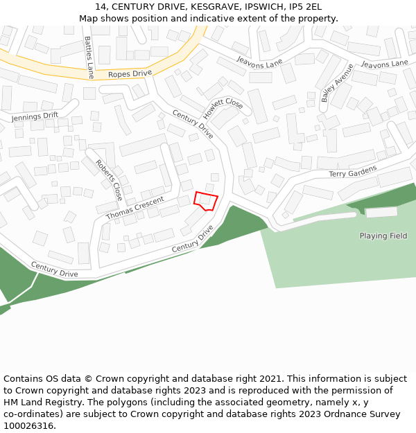 14, CENTURY DRIVE, KESGRAVE, IPSWICH, IP5 2EL: Location map and indicative extent of plot