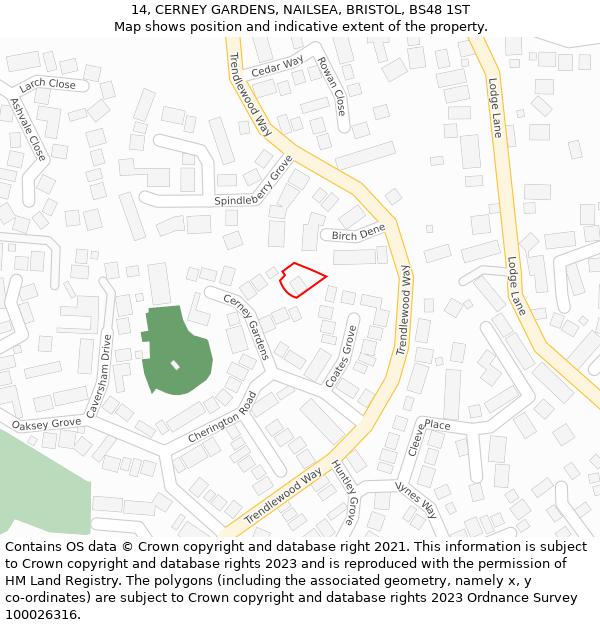 14, CERNEY GARDENS, NAILSEA, BRISTOL, BS48 1ST: Location map and indicative extent of plot