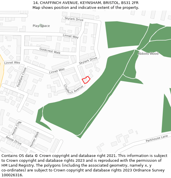 14, CHAFFINCH AVENUE, KEYNSHAM, BRISTOL, BS31 2FR: Location map and indicative extent of plot