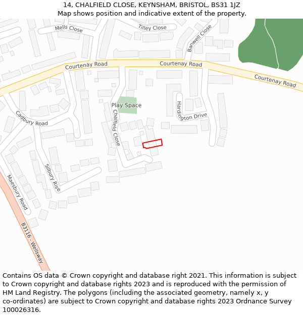 14, CHALFIELD CLOSE, KEYNSHAM, BRISTOL, BS31 1JZ: Location map and indicative extent of plot