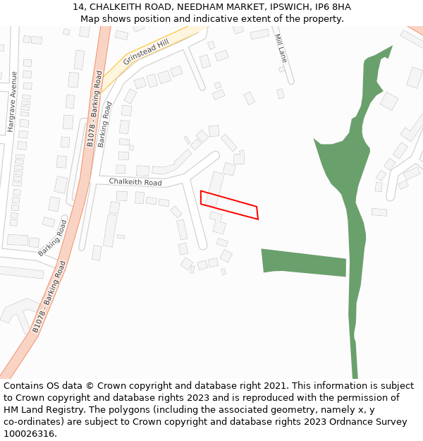 14, CHALKEITH ROAD, NEEDHAM MARKET, IPSWICH, IP6 8HA: Location map and indicative extent of plot