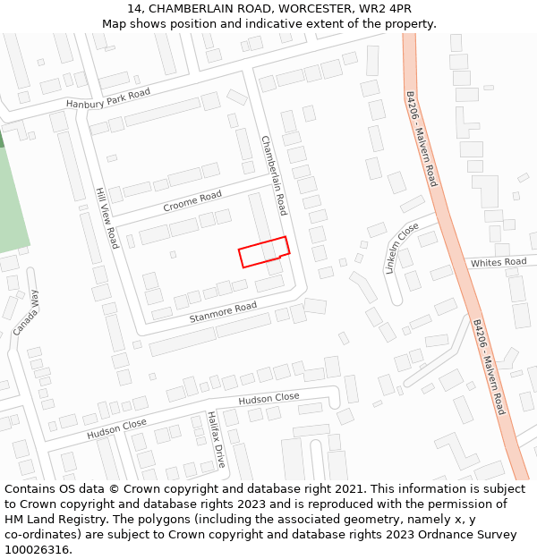 14, CHAMBERLAIN ROAD, WORCESTER, WR2 4PR: Location map and indicative extent of plot
