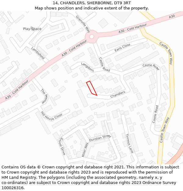 14, CHANDLERS, SHERBORNE, DT9 3RT: Location map and indicative extent of plot