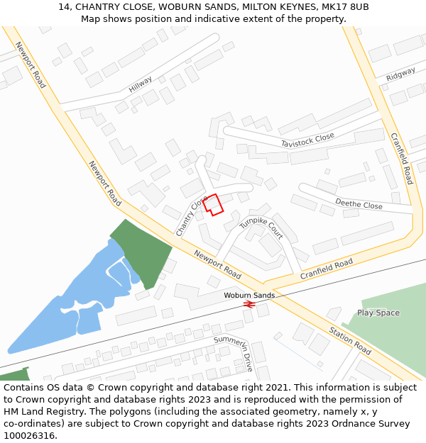 14, CHANTRY CLOSE, WOBURN SANDS, MILTON KEYNES, MK17 8UB: Location map and indicative extent of plot