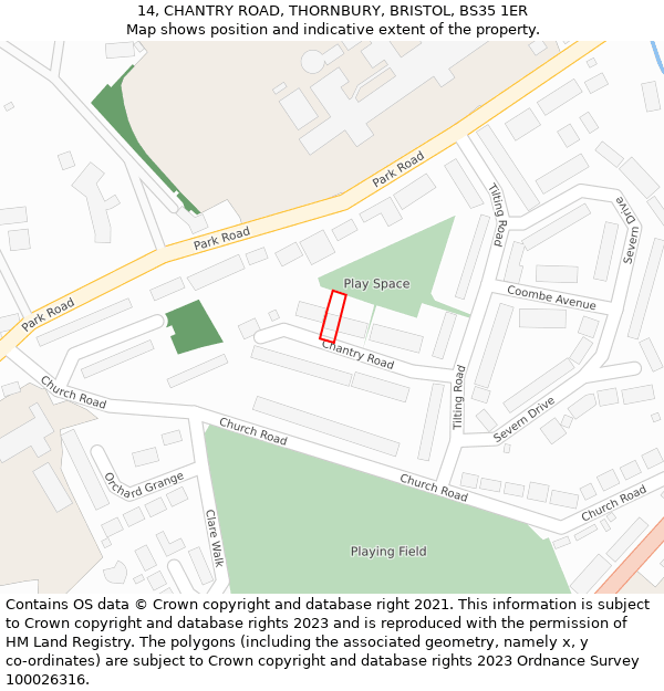 14, CHANTRY ROAD, THORNBURY, BRISTOL, BS35 1ER: Location map and indicative extent of plot