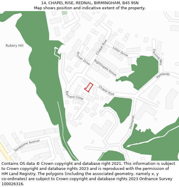 14, CHAPEL RISE, REDNAL, BIRMINGHAM, B45 9SN: Location map and indicative extent of plot