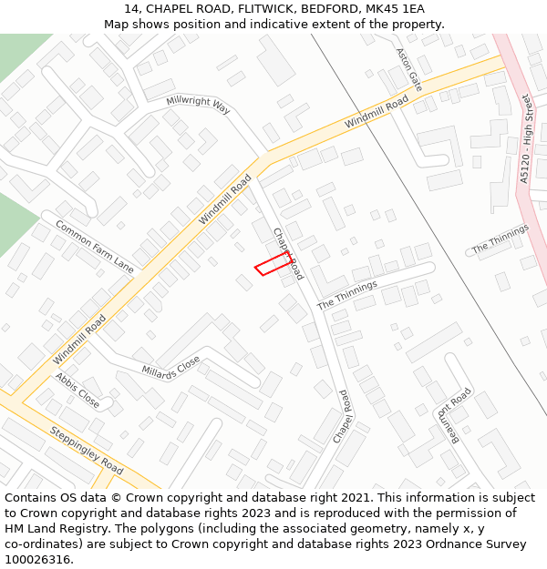 14, CHAPEL ROAD, FLITWICK, BEDFORD, MK45 1EA: Location map and indicative extent of plot