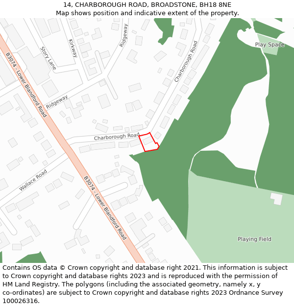 14, CHARBOROUGH ROAD, BROADSTONE, BH18 8NE: Location map and indicative extent of plot