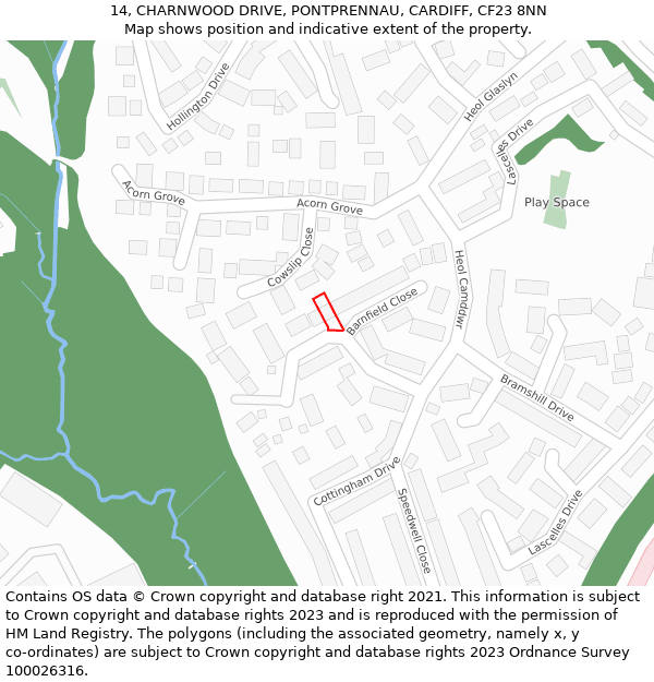 14, CHARNWOOD DRIVE, PONTPRENNAU, CARDIFF, CF23 8NN: Location map and indicative extent of plot