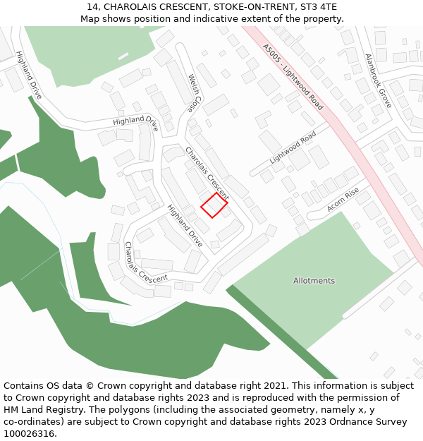 14, CHAROLAIS CRESCENT, STOKE-ON-TRENT, ST3 4TE: Location map and indicative extent of plot