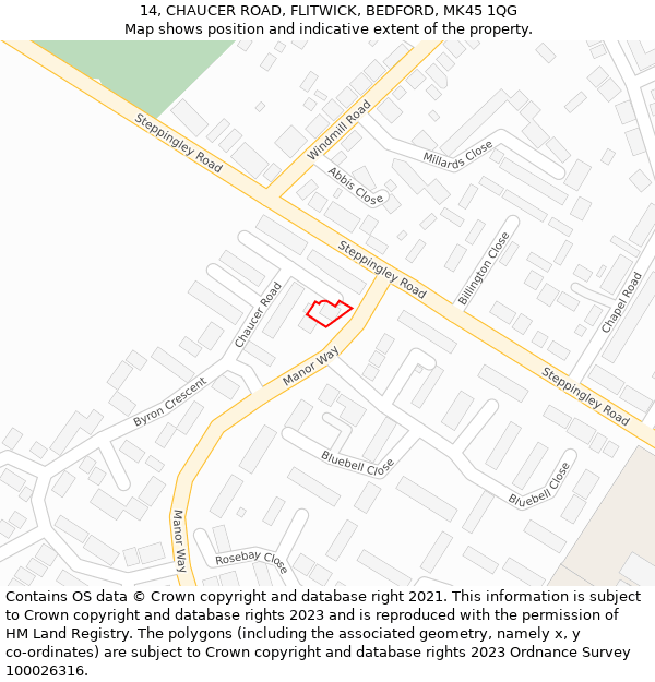 14, CHAUCER ROAD, FLITWICK, BEDFORD, MK45 1QG: Location map and indicative extent of plot