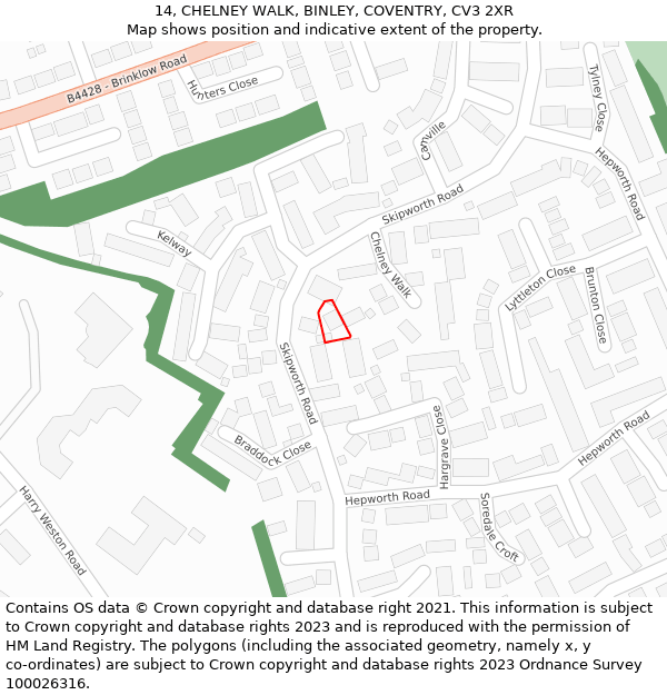 14, CHELNEY WALK, BINLEY, COVENTRY, CV3 2XR: Location map and indicative extent of plot