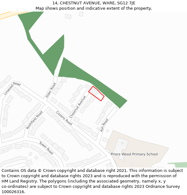 14, CHESTNUT AVENUE, WARE, SG12 7JE: Location map and indicative extent of plot