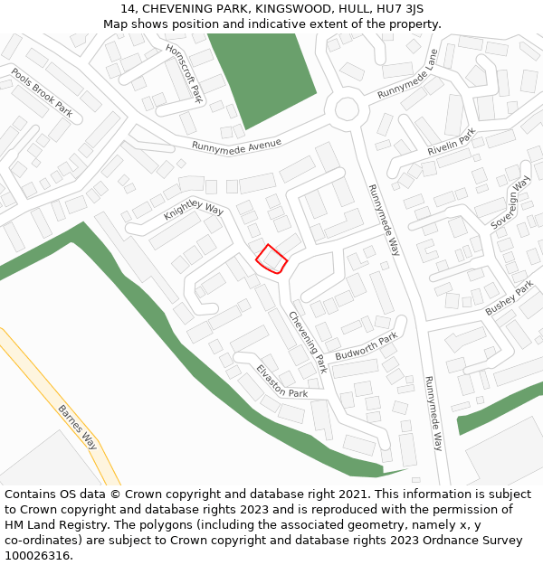 14, CHEVENING PARK, KINGSWOOD, HULL, HU7 3JS: Location map and indicative extent of plot