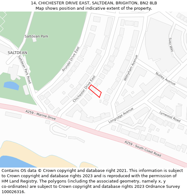 14, CHICHESTER DRIVE EAST, SALTDEAN, BRIGHTON, BN2 8LB: Location map and indicative extent of plot