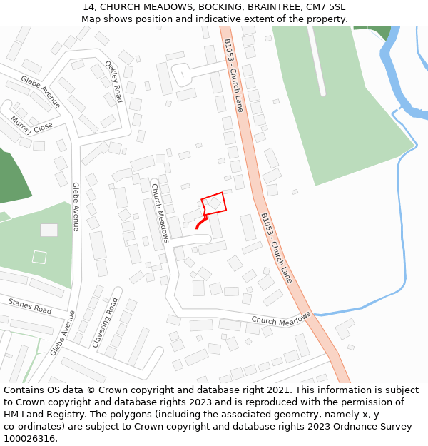 14, CHURCH MEADOWS, BOCKING, BRAINTREE, CM7 5SL: Location map and indicative extent of plot