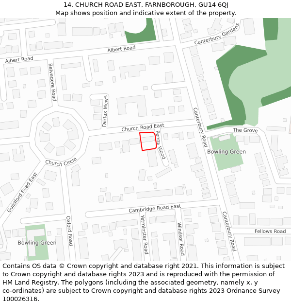 14, CHURCH ROAD EAST, FARNBOROUGH, GU14 6QJ: Location map and indicative extent of plot