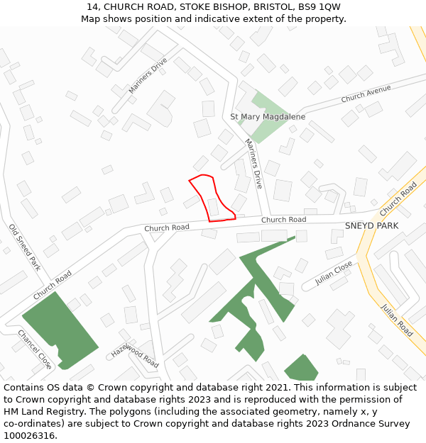 14, CHURCH ROAD, STOKE BISHOP, BRISTOL, BS9 1QW: Location map and indicative extent of plot