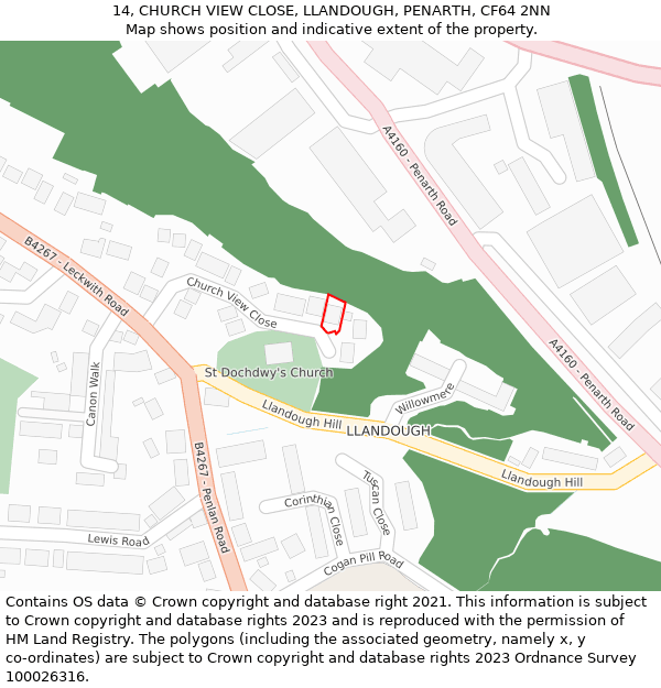 14, CHURCH VIEW CLOSE, LLANDOUGH, PENARTH, CF64 2NN: Location map and indicative extent of plot