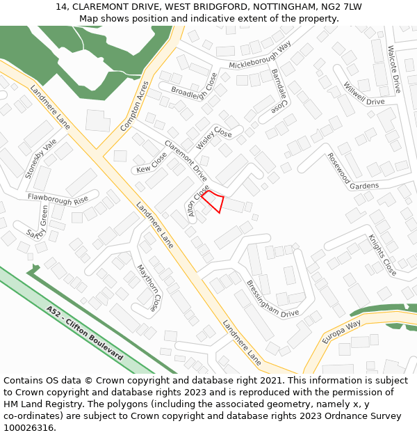 14, CLAREMONT DRIVE, WEST BRIDGFORD, NOTTINGHAM, NG2 7LW: Location map and indicative extent of plot
