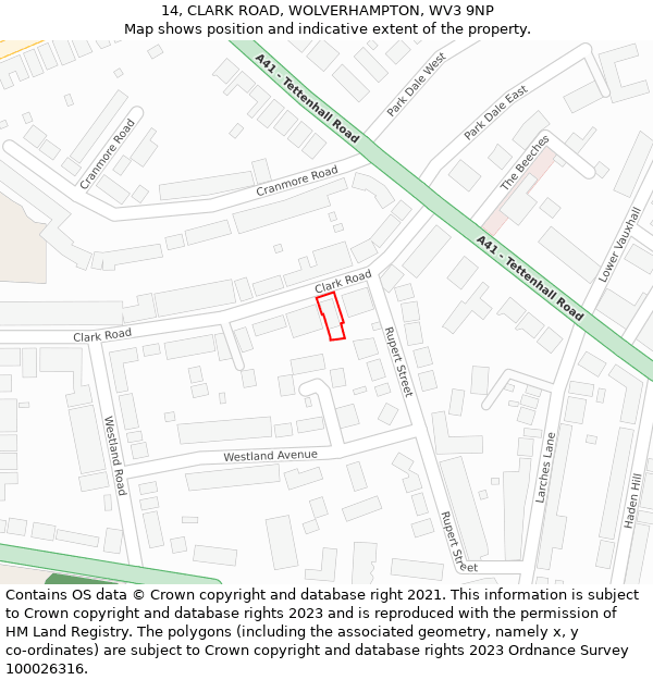 14, CLARK ROAD, WOLVERHAMPTON, WV3 9NP: Location map and indicative extent of plot