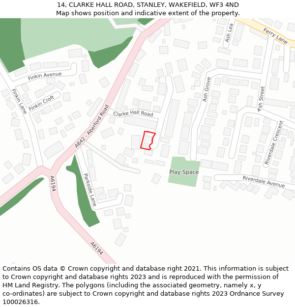 14, CLARKE HALL ROAD, STANLEY, WAKEFIELD, WF3 4ND: Location map and indicative extent of plot