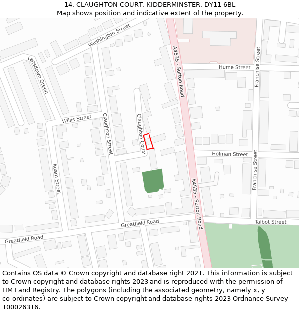 14, CLAUGHTON COURT, KIDDERMINSTER, DY11 6BL: Location map and indicative extent of plot